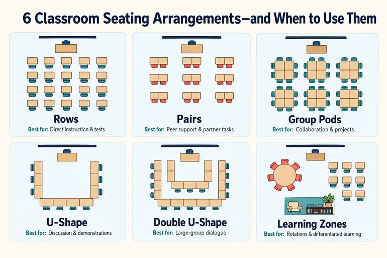 Six classroom seating arrangements—rows, pairs, group pods, U-shape, double U-shape, and learning zones—with the best teaching use for each layout.