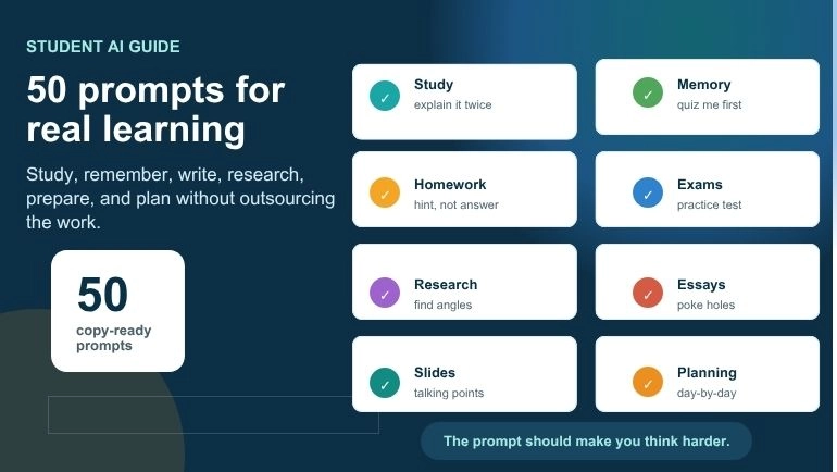 Overview of the 50 student AI prompts guide covering study, memory, homework, exams, research, essays, slides, and planning