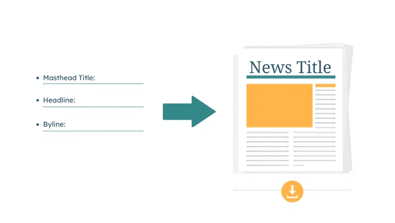 Newspaper Generator workflow from masthead and headline fields to a finished front page